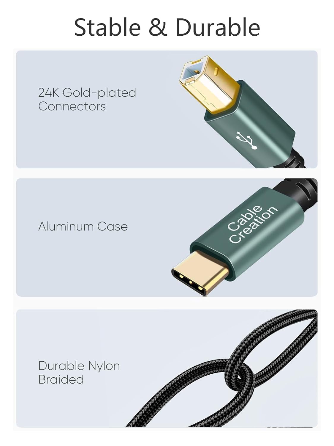 USB B to C 6.6 FT Printer Cable, MIDI Cable, Nylon Braided USB-B to C Cord for Macbook Pro/Air, Type C to Type B for Yamaha Piano, MIDI Keyboard, DJ Controller, DAC, Green
