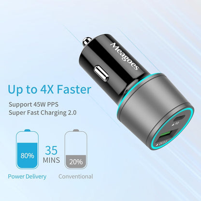 67.5W Gray Car Charger USB C Super Fast Charging, 45W USBC&QC3.0 Port Plug for Iphone 17 Pro Max/Air/16/15/Ipad, Samsung S26 Android Cell Phone, Dual 12V Cigarette Lighter Adapter+3.3 Ft Type C Cable