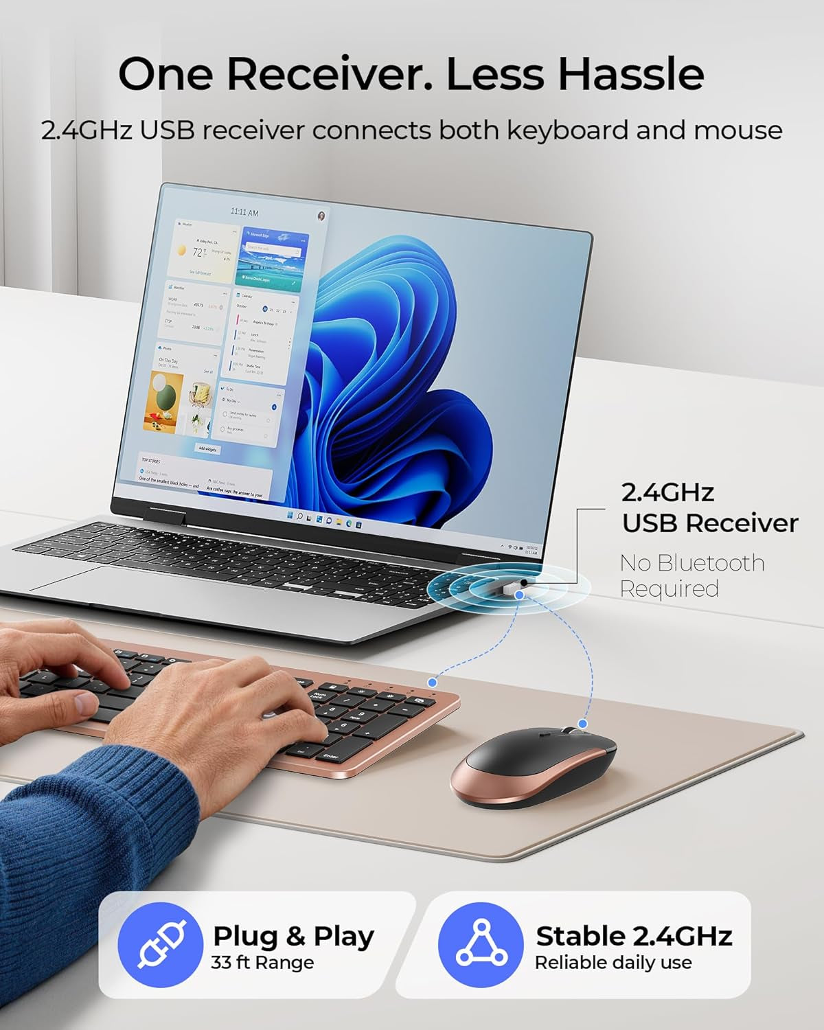 Wireless Keyboard and Mouse Combo, Rechargeable Quiet Keyboard Mouse, Sleek and Ultra Thin Design, Full-Size with Number Pad for Windows, Laptop, PC, Notebook, Desktop- Rose Gold & Black
